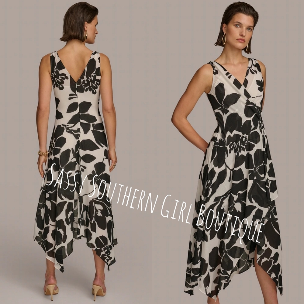 🆕⭐ Donna Karan Black Label White Black Floral Midi Dress - Picture 3 of 14